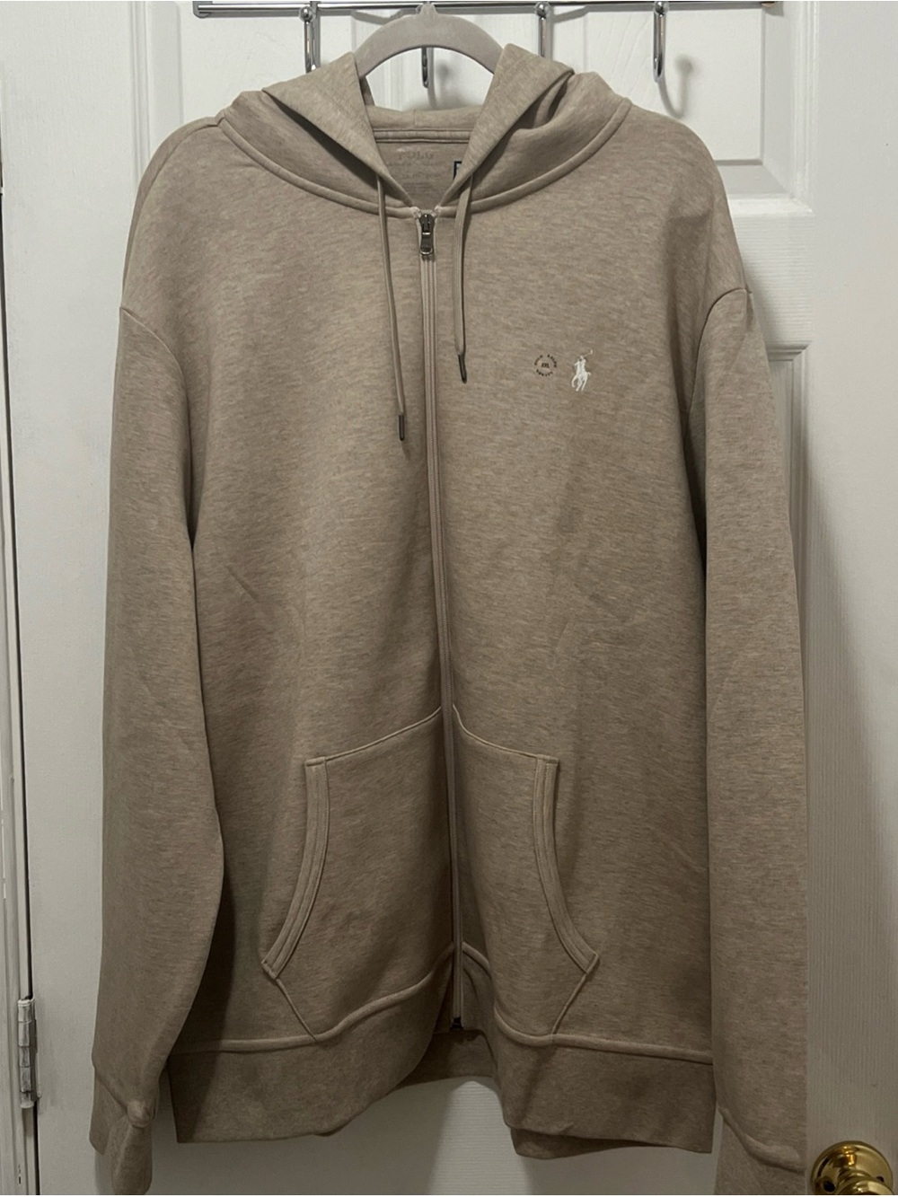 Mens Polo Ralph Lauren Beige Double-Knit Full-Zip Hoodie White Pony Logo Sz XXL